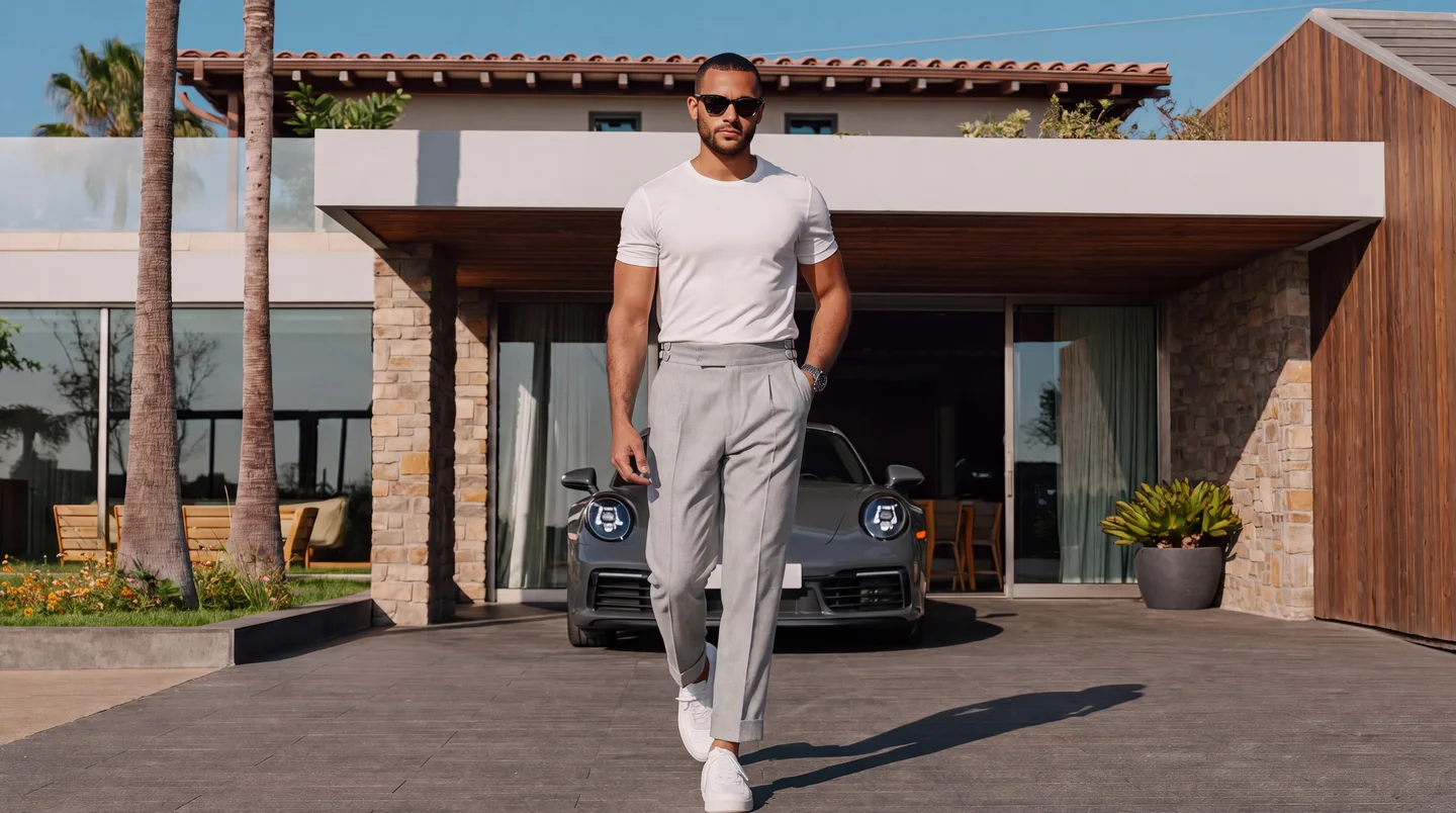 A young Sri Lankan man in light grey Palazzo trousers, a white t-shirt and white sneakers walking from a modern house, a sports car behind.