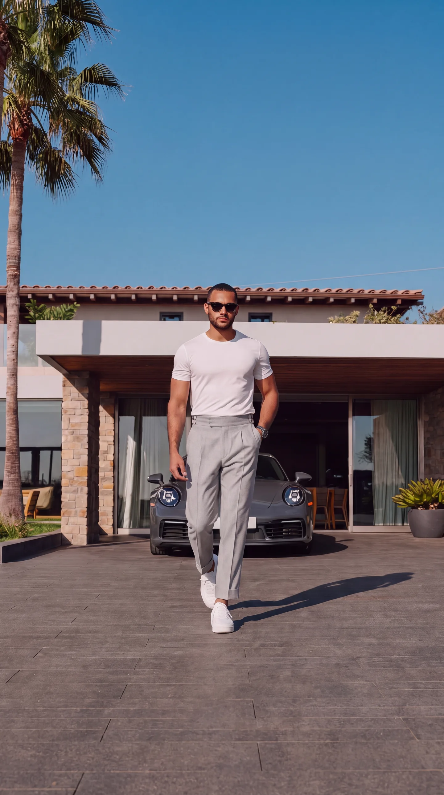 Light grey Palazzo trousers with a white t-shirt and white sneakers.