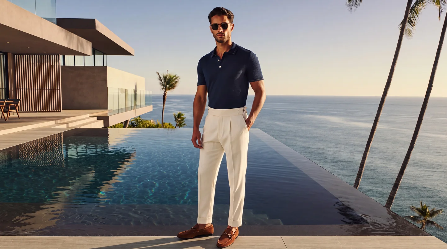 A young Sri Lankan man in ivory Palazzo trousers and a navy knit polo at the edge of an infinity pool above the ocean.