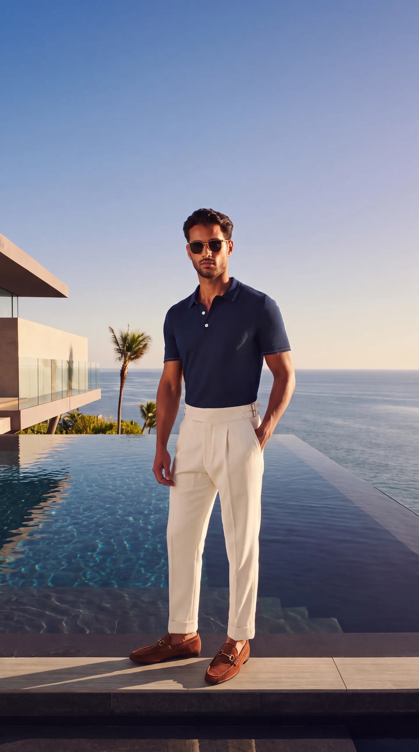 Ivory Palazzo trousers with a navy knit polo and loafers by a pool.