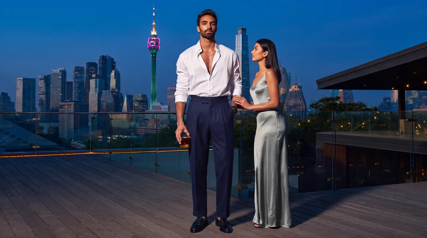 A young Sri Lankan man in navy Palazzo trousers and a white shirt on a rooftop at blue hour with the Colombo skyline and Lotus Tower behind, a woman in a silk dress beside him.