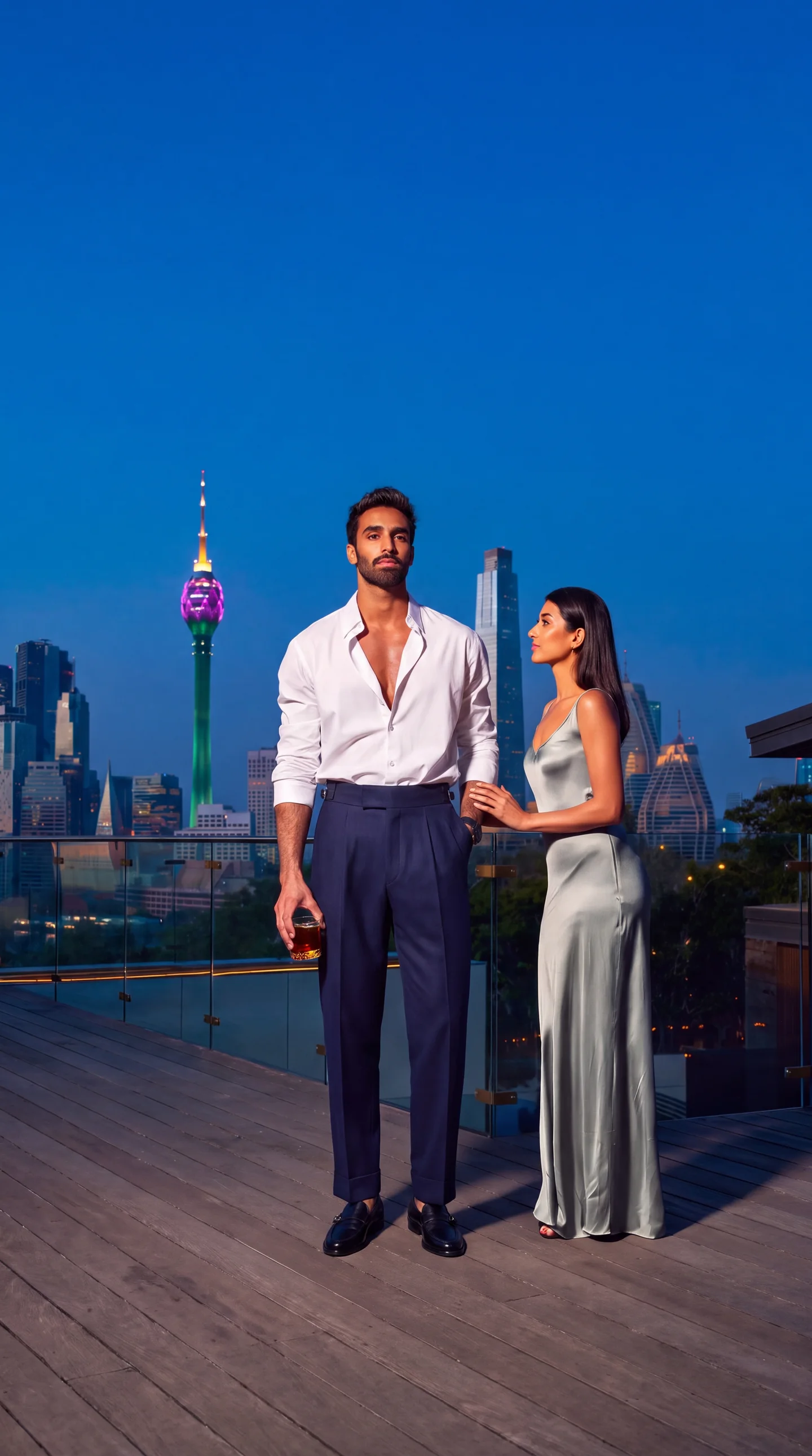 Navy Palazzo trousers with a white shirt on a Colombo rooftop at night.