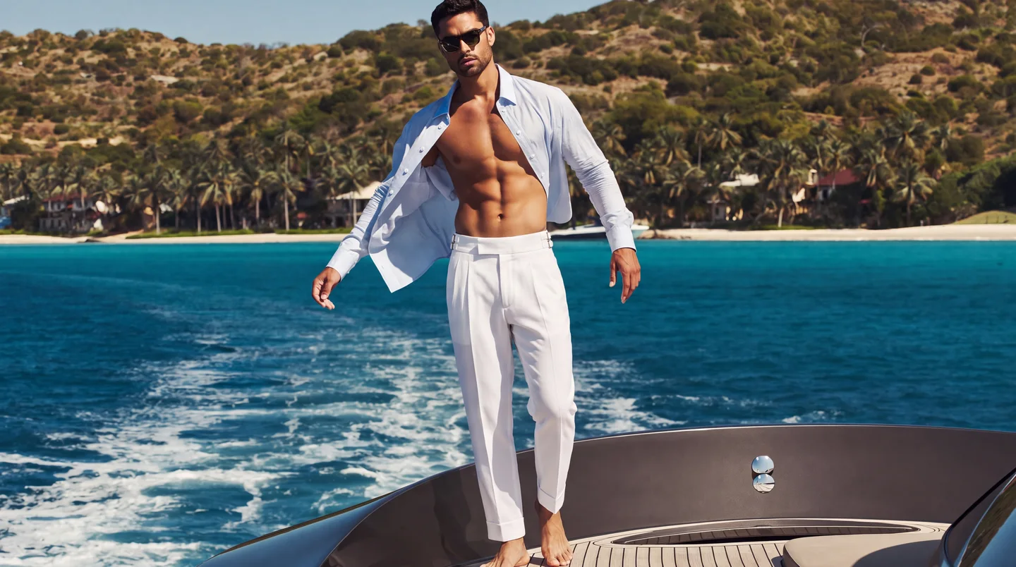 A young Sri Lankan man in white Palazzo trousers and an open linen shirt on the deck of a yacht off a palm coast.