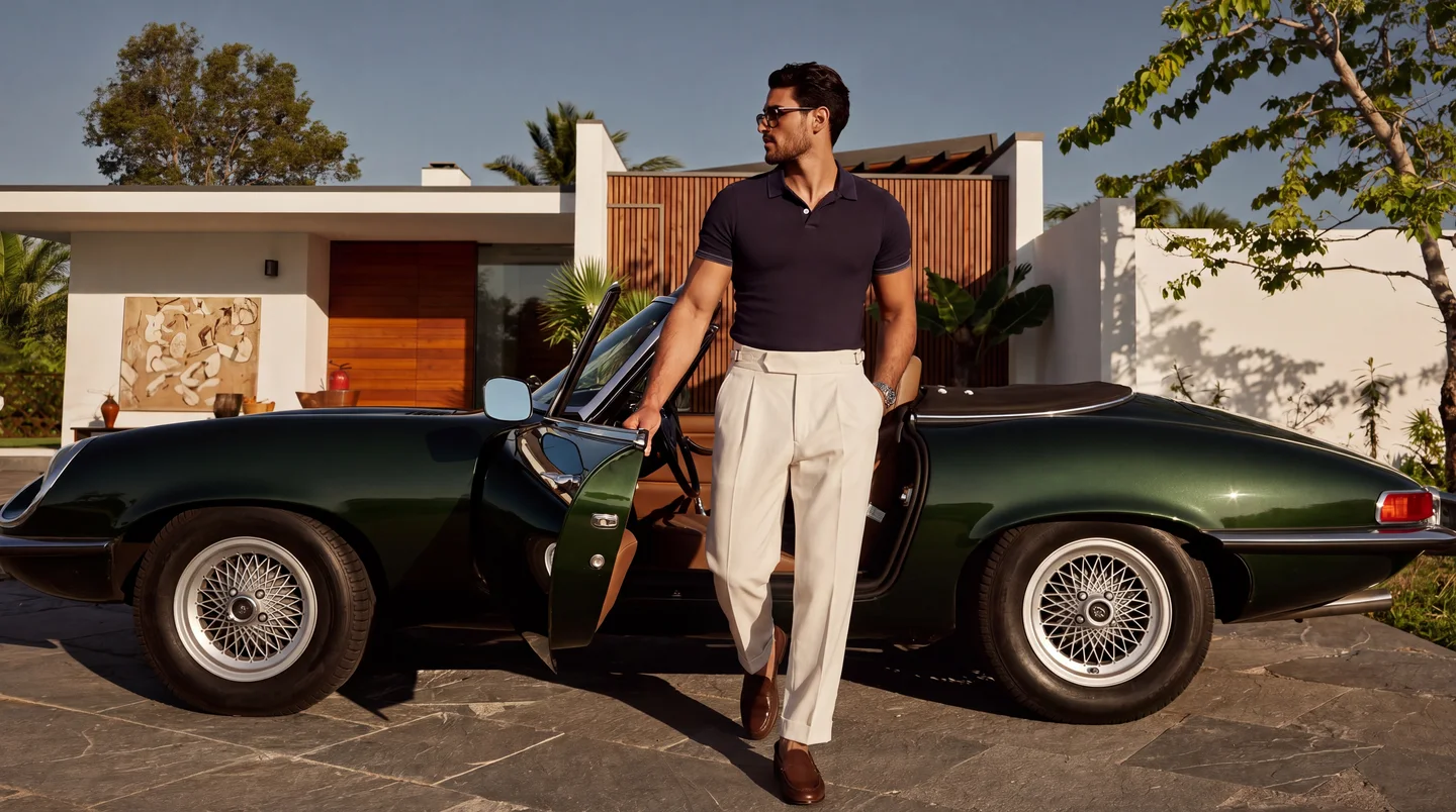 A young Sri Lankan man in ivory high-waisted Valdoro trousers and a navy knit polo steps out of a green classic convertible at a modern villa.