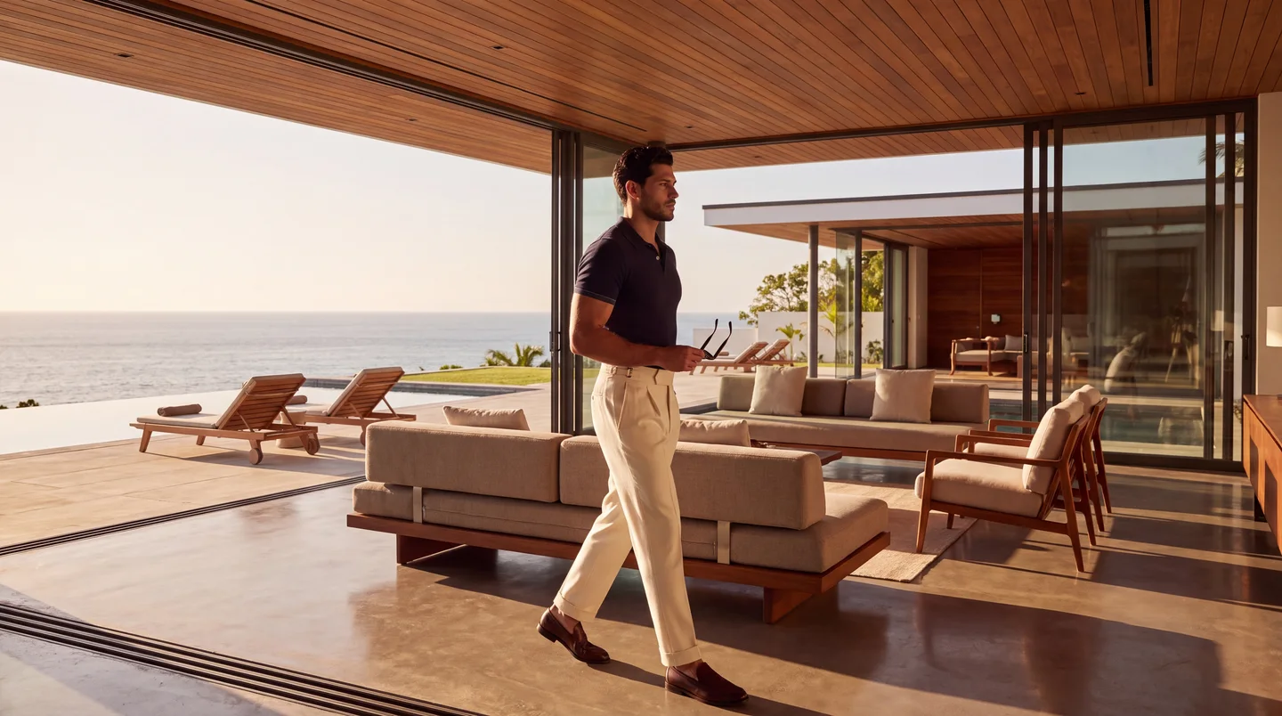 The same man walks through the open living room of the villa toward the terrace and the sea.