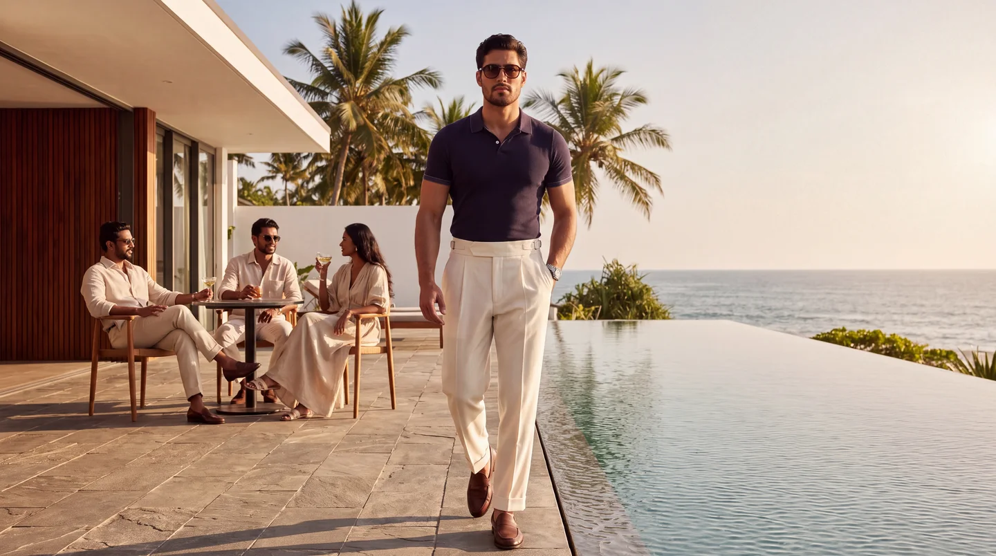 He walks along the infinity pool at golden hour, friends at a table behind him.
