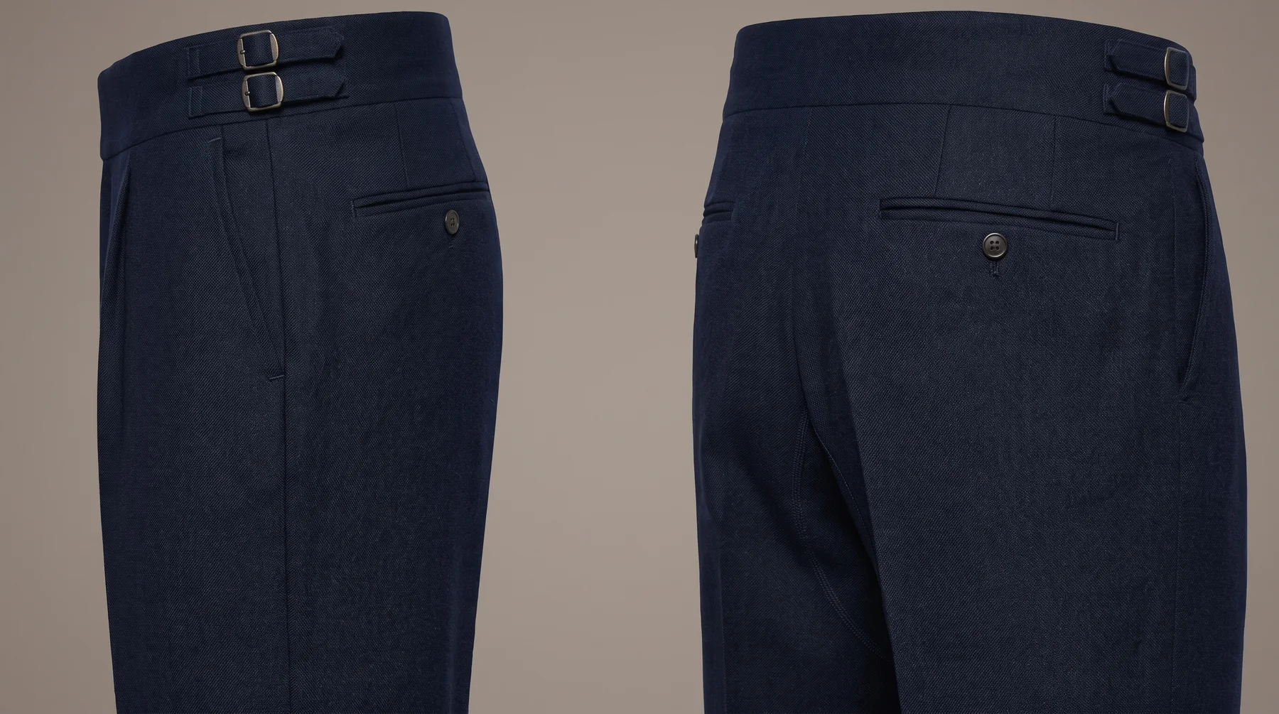 Side and back of the navy Palazzo trouser showing the forward pleat, the pressed crease and a buttoned back pocket.