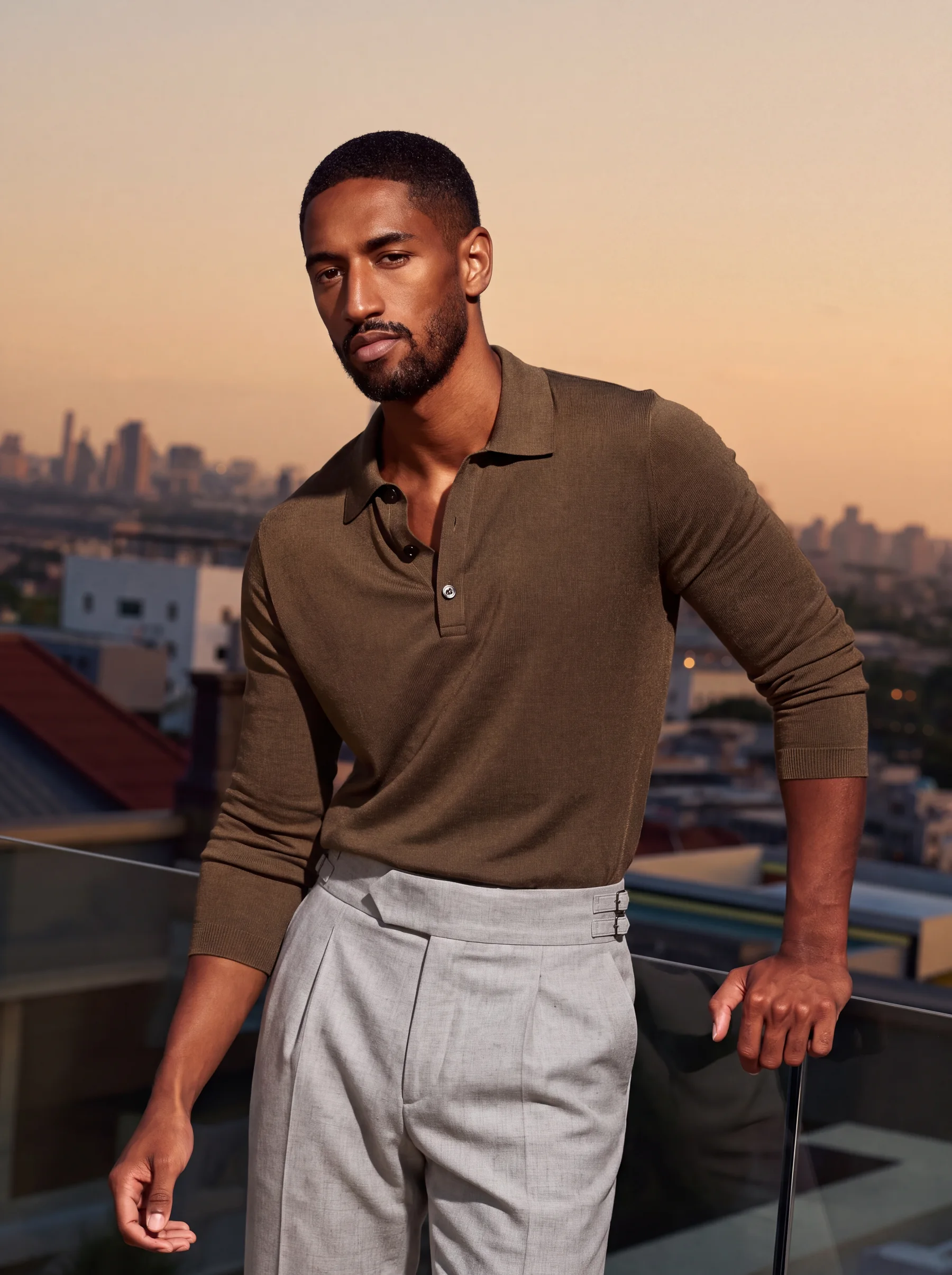 A young Sri Lankan man on a rooftop at dusk in an olive knitted long-sleeve polo tucked into light grey Valdoro trousers.